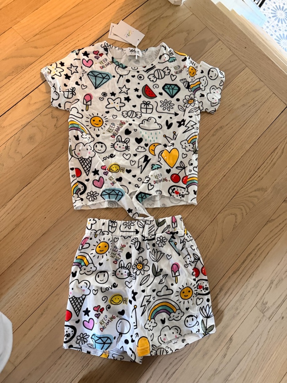 Lola + The Boys Girls White Rainbow Doodle Matching Set